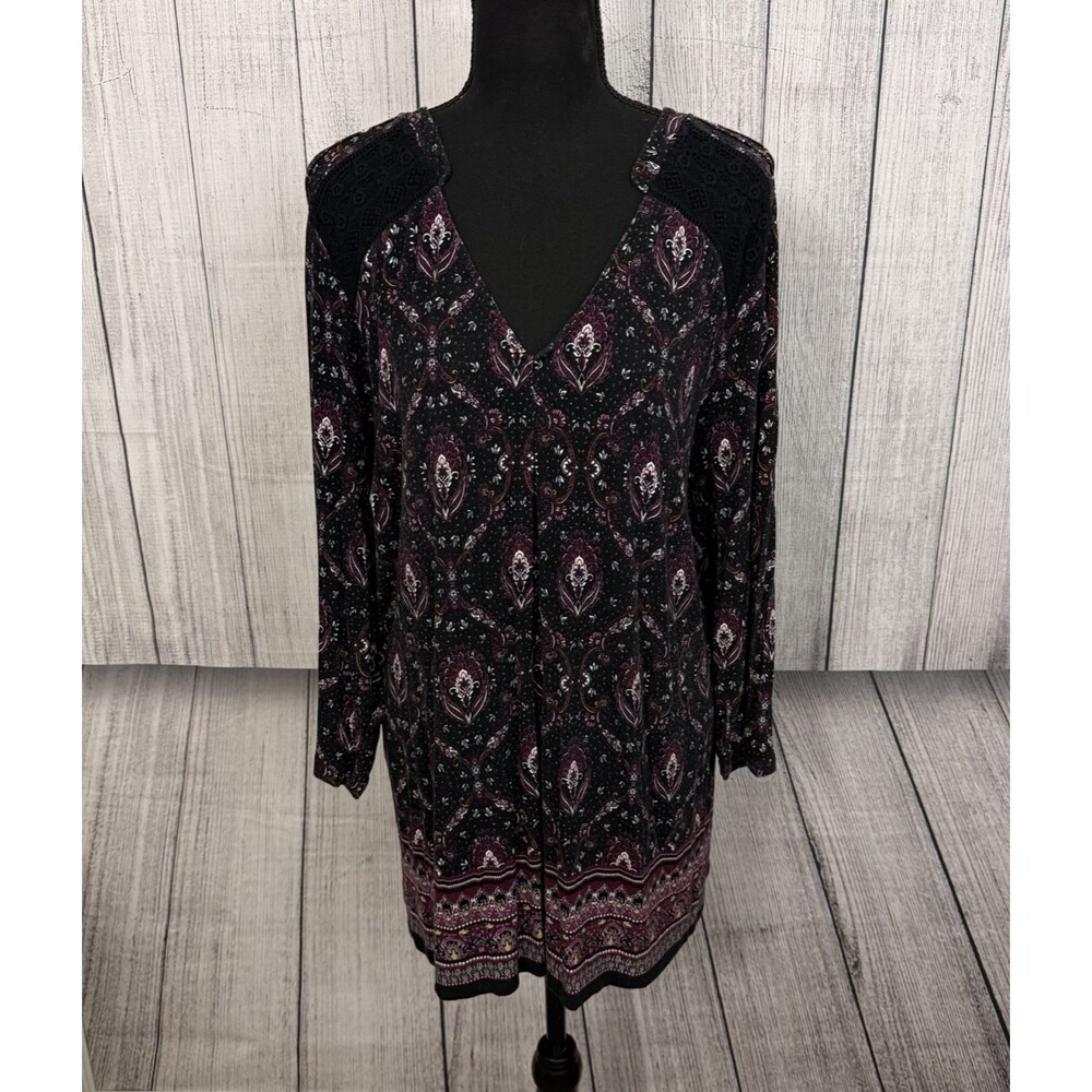 Daniel Rainn Women's 3X Black Floral 3/4 Sleeve V-Neck Peasant Tunic Blouse
